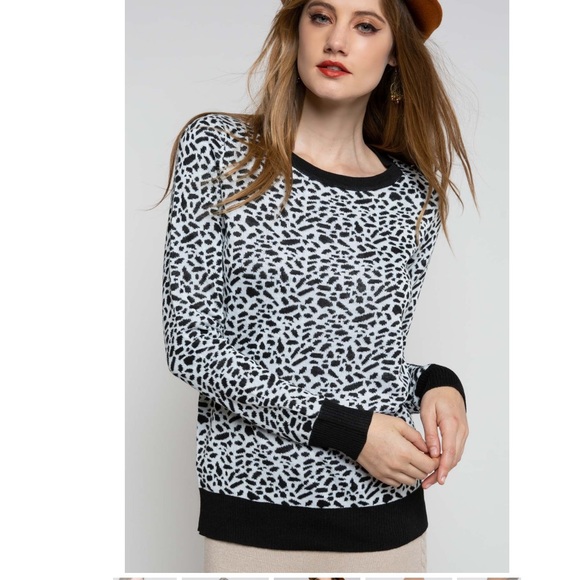 Leopard Print Sweater Pullover Black and White - Picture 2 of 6